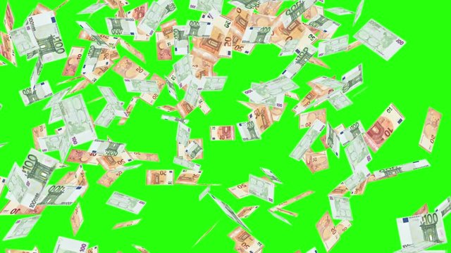 Euro banknotes falling down on the green screen 