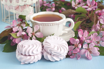 Obraz na płótnie Canvas Romantic composition with tea cup, zephyr and apple flowers 