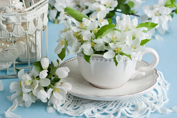 Obraz na płótnie Canvas Still life with tea cup and spring blossom flowers