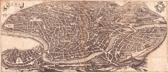 1652, Merian Panoramic View or Map of Rome, Italy