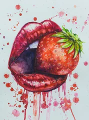 Crédence de cuisine en verre imprimé Cuisine Lèvres de filles à la fraise. Femme mangeant des aliments sains. Fantaisie érotique. Image créée avec des aquarelles.