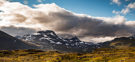 Panorama of mountains in the distant during the hike of Kungsleden (Kings path) in northern Sweden. 