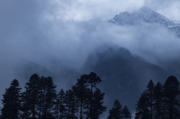 Clouds covering a mountain with trees below. Early morning in Nepal hiking Everest Base Camp Trek