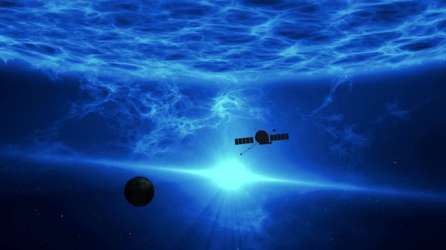 Distant exoplanet exploration by space probe. Flight over large blue quasar surface with gamma rays, plasma eruption and energy explosion. Astronomy art concept animation.