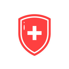 Red icon of medical shield in flat style
