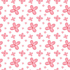 Seamless pattern of butterflies and flowers in pink in the style of abstraction 