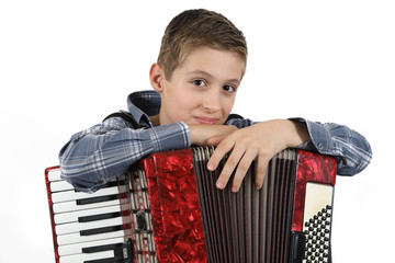 Smiling Boy With Accordion Isolated On White Background
