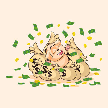 dog cub sticker emoticon lies on bags of money
