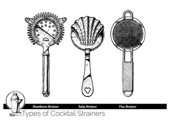 illustration of cocktail strainers types - obrazy, fototapety, plakaty