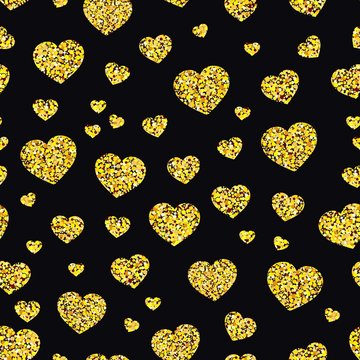 Seamless pattern of shiny hearts on black background. Vector illustration