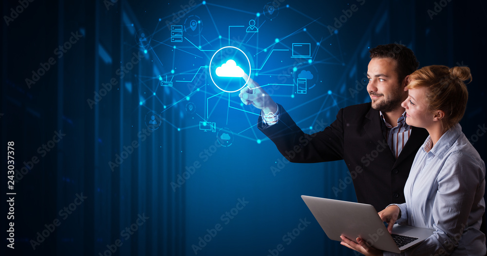 Poster Man and woman touching hologram projection displaying cloud system 
