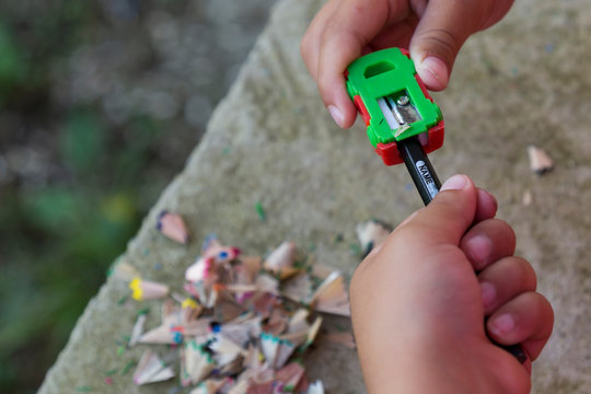 the kid sharpen a pencil. pencil. pen paste in the hand for school ,kindergarten, preschool activity concept.