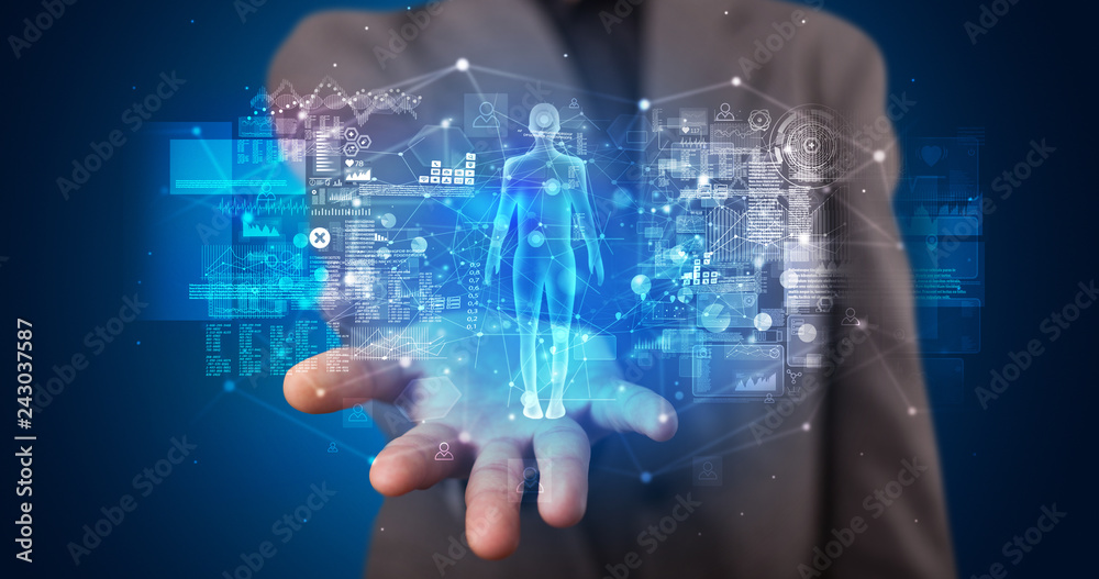 Poster young person holding hologram projection displaying health related graphs and symbols