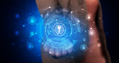 Young person holding hologram screen displaying security infomartions
