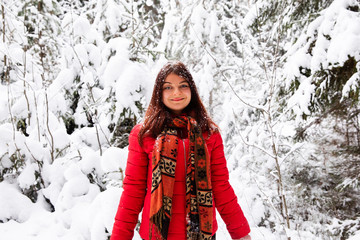 Woman in winter forest. Russian winter