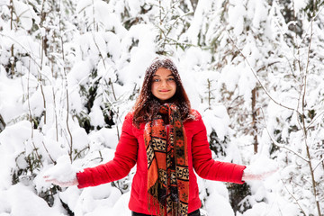 Woman in winter forest. Russian winter