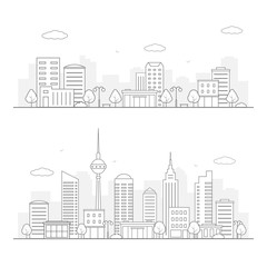 Fototapeta premium Modern urban landscape. City life illustration with house facades and other urban details. Line art. Vector.