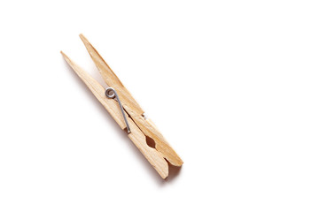 One wooden clothespin isolated on white background, top view