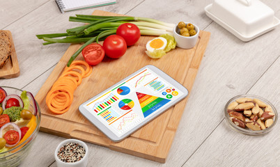 healthy eating concept - close up of tablet with several dieting statistics