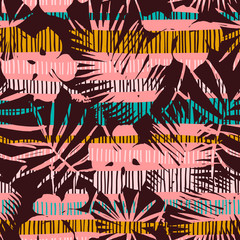 Abstract seamless pattern with tropical leaves. Hand draw texture.
