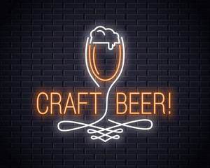 Beer glass neon sign. Craft beer neon logo on wall