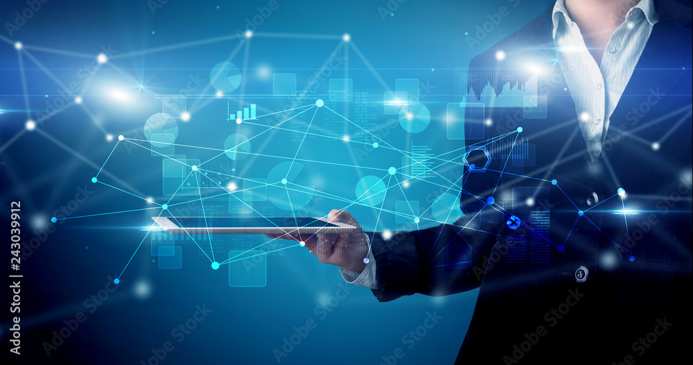 Aufkleber Elegant hand holding tablet with virtual database and network concept
