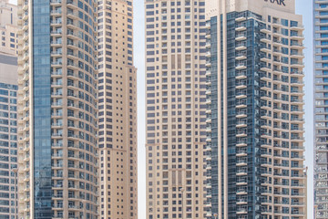 Dubai Skyscraper and tall buildings in Dubai city. Close up