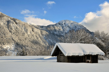 wooden stable in winter lofer pinzgau austria