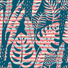 Seamless exotic pattern with tropical plants and stripes background.