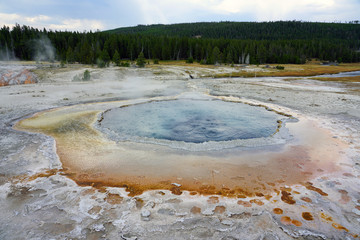 View of the Crested Pool in the Upper Geyser Basin in Yellowstone National Park, United States