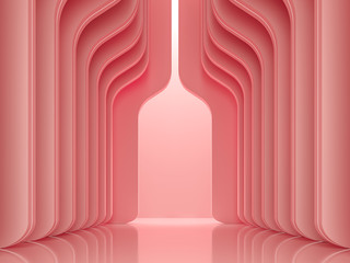 Modern luxury space interior concept 3d render ,There are smooth shape wall pattern with coral pink decorate with led stripe light.