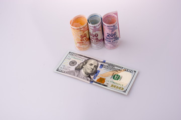 American dollar banknotes and Turksh Lira banknotes side by side