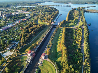 Sluice on the chanel Moscow-Volga, aerial view, dubna, dvitrov