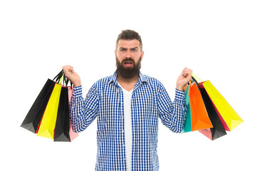 Mature hipster with beard. Shopping sale. Male barber care. Black Friday. Cyber Monday. Bearded angry man with shopping bags.. brutal caucasian hipster with moustache. Pleasant shopping