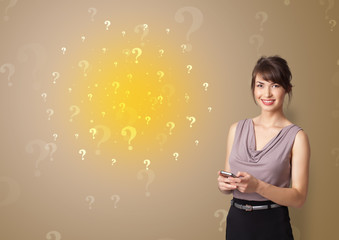 Young person presenting something with question sign concept
