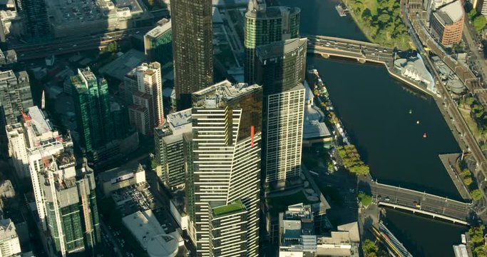 Aerial sunrise view Eureka Tower residential skyscraper Melbourne