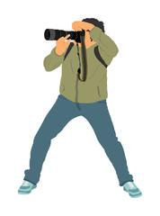 Fototapeta na wymiar Photographer with camera vector illustration. Paparazzi shooting on the event. Photo reporter on duty. Sport photography. Journalist man works for breaking news. Wedding fashion photographer focusing.