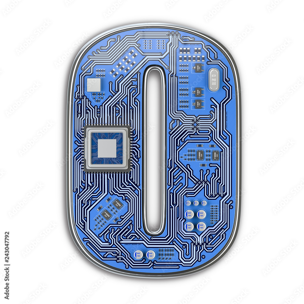 Poster number 0 zero, alphabet in circuit board style. digital hi-tech letter isolated on white.