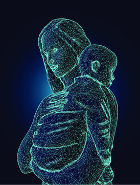 mother holding baby illustrated with lines as a network
