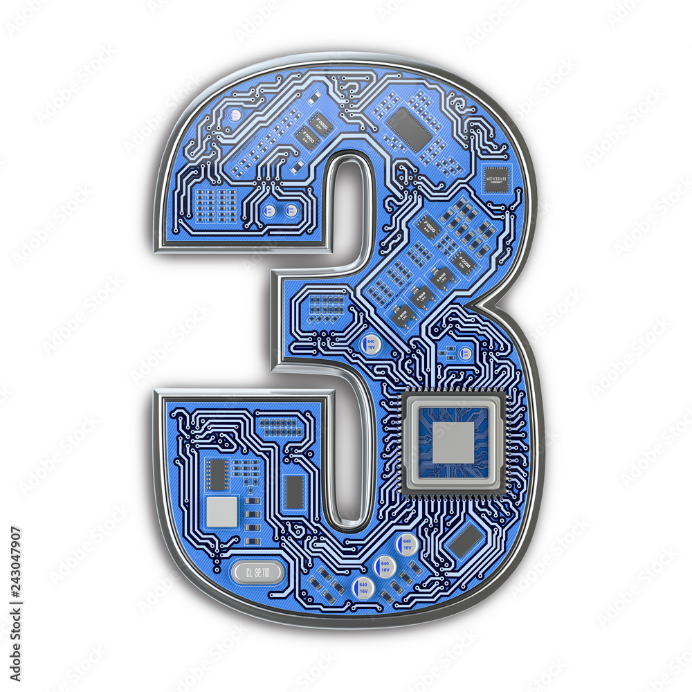 Poster number 3 three, alphabet in circuit board style. digital hi-tech letter isolated on white.