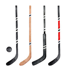 Collection of different hockey sticks, decorated with colorful stripes and sporty lines. Hand painted watercolour sketchy drawing on white backdrop, cutout clip art elements for design. Overhead view.