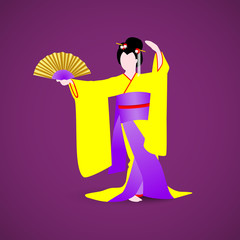Japanese woman dressed in traditional kimono costume in yellow and purple colors dancing with a fan - 243048120