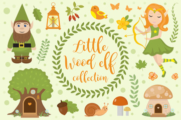 Cute forest elf character set of objects. Collection of design element with elven archer, dwarf, tree mushroom house, flowers, plants. Kids baby clip art funny smiling kit. Vector illustration.
