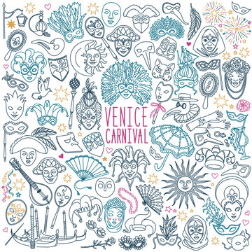 Venice carnival doodles set. Traditional venetian masks and costume elements. Freehand vector drawing isolated on white background