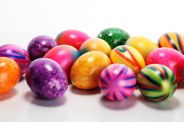 Row of Easter eggs on table. easter decoration