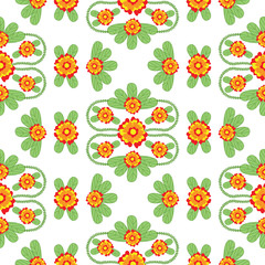 Vector colorful floral folk seamless pattern with flowers, branches and leaves. Orange, red and green bright print on a white background. Perfect for ethnic themed projects, fabric, wallpaper.