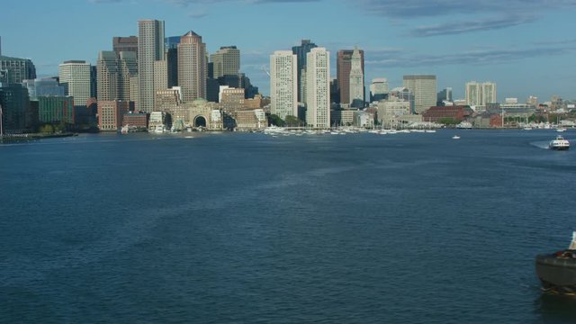 Aerial view Rowes Wharf Boston city skyscrapers America