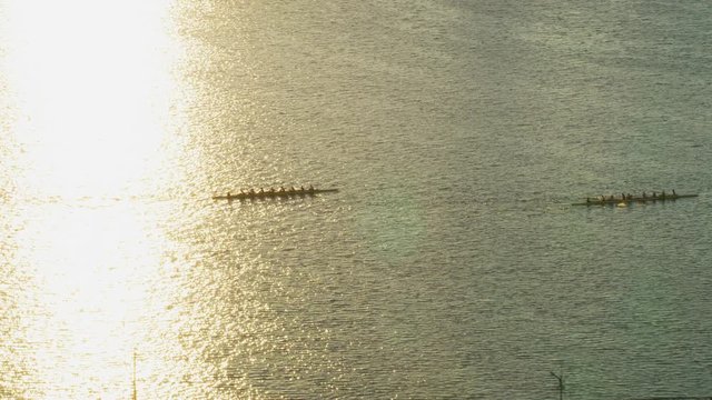 Aerial view rowing crews racing Charles river Boston