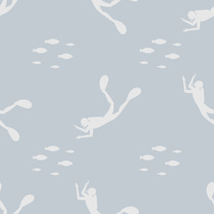 Silhouette diver with fishes seamless pattern. Active lifestyle print.