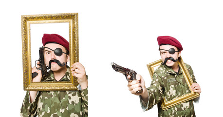 Funny soldier in military concept